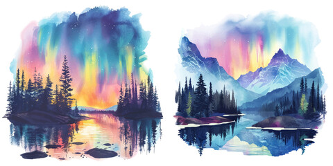 northern lights lanscape watercolor vector illustration