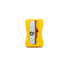 A bright yellow pencil sharpener with a silver blade is isolated on transparent background