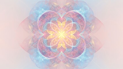 Tranquil Blossom: Delicate petals in pastel hues of pink and blue unfold in a symmetrical design, evoking feelings of serenity and peace.