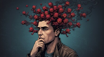 Man contemplates a swarm of tiny, red imps emerging from his head, symbolizing inner turmoil and mental struggle.