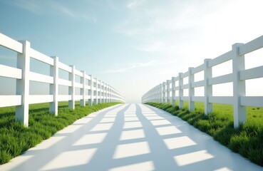 A bright pathway flanked by white fences extends into the distance under a clear sky