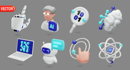 AI technology 3D realistic vector icons collection. Minimal design including robotic hand, AI chatbot, binary code, brain, laptop, magnifying glass, and scientific symbols
