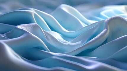 Obraz premium Silky fabric waves in icy blue and white gradient, hyper-realistic texture with smooth, rippling folds. Illuminated by ambient cool light with soft shadow transitions. No visible edges or seams. 