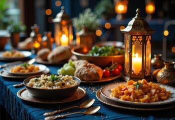 Fototapeta premium Elegant dinner table with traditional dishes illuminated by candlelight for a cozy evening setting