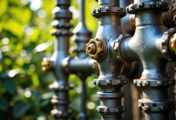 Close-up of metal pipes and valves in an outdoor industrial setting with greenery in the background