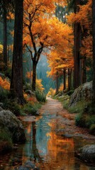 Golden autumn leaves reflect in a tranquil forest river on a serene afternoon
