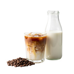 A refreshing iced coffee with milk and coffee beans isolated on transparent background, promising a cool and caffeinated treat