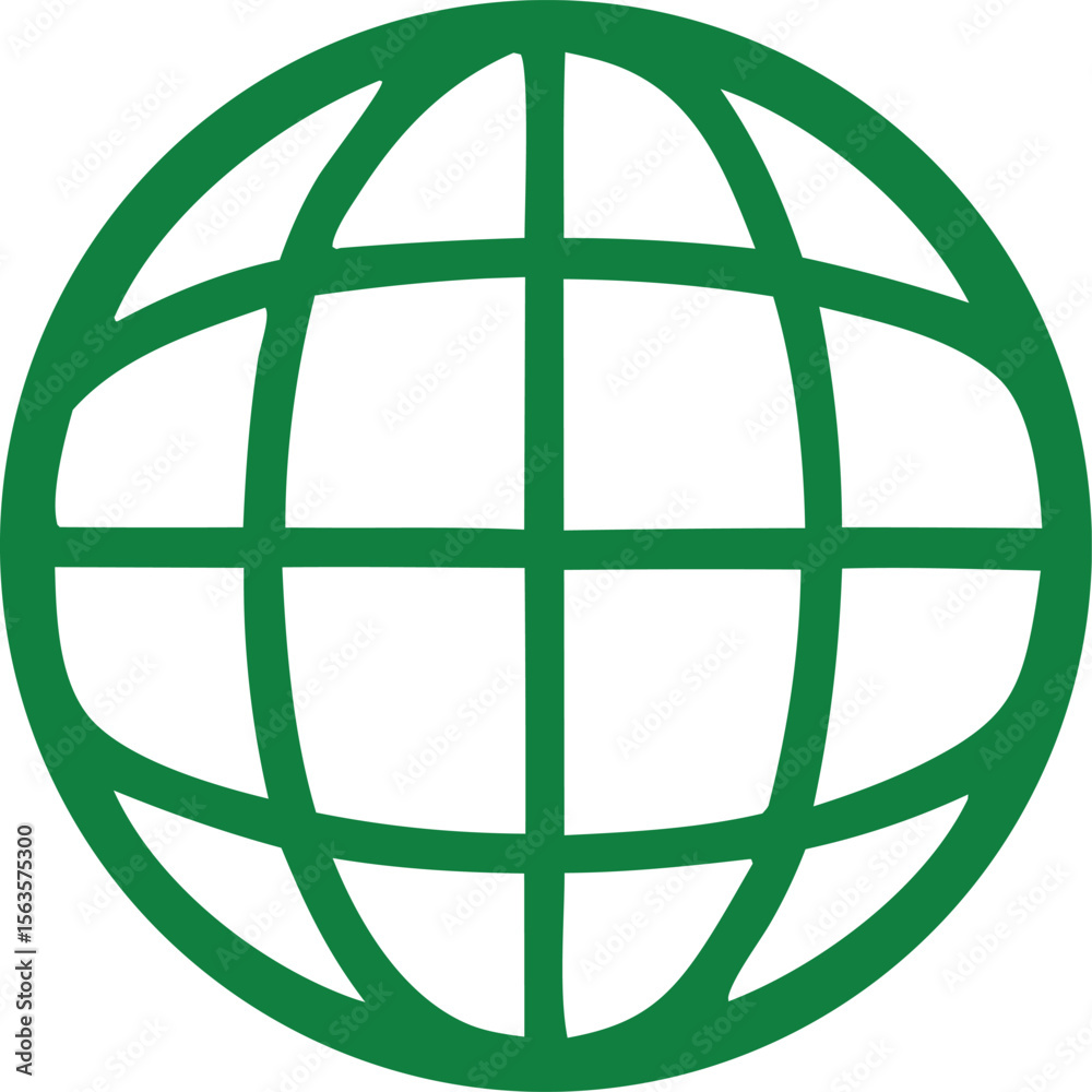 Poster a simple clean and modern green globe icon with intersecting lines representing latitude and longitu