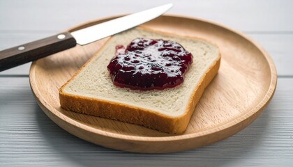 Start your day slowly with a slice of simple white bread spread with sweet fruit jam on a wooden plate. This inviting image captures the essence of a lazy morning or a comfortable snack at home.
