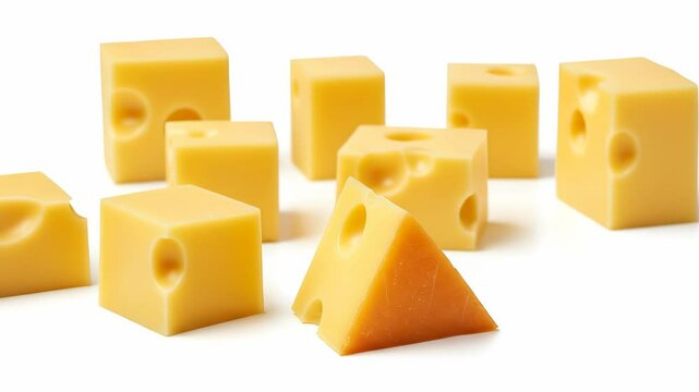 Delicious Swiss Cheese Cubes: A group of fresh and flavorful Emmental cubes and triangle cut pieces against a crisp white background, appetizing for snacking and culinary design.