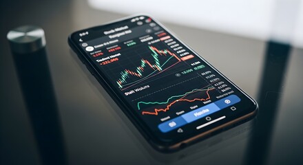 Stock Market Analysis on Smartphone Screen: Investment and Trading App Interface