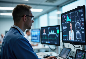 Medical professional analyzes brain scan data on multiple monitors in a modern hospital setting