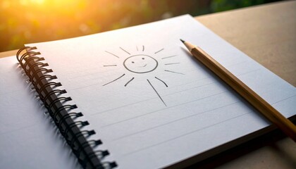 A simple hand-drawn smiley sun brightens the page of a lined notebook, lying beside a wooden pencil. Warm sunlight streams onto the scene, evoking feelings of happiness, creativity, and optimism for