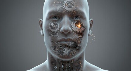 Futuristic face with exposed gears and sparking mechanisms, a blend of human and machine aesthetics.