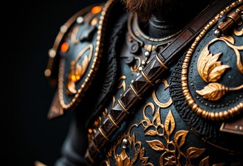 Close-up of ornate armor with intricate gold and black detailing and decorative patterns