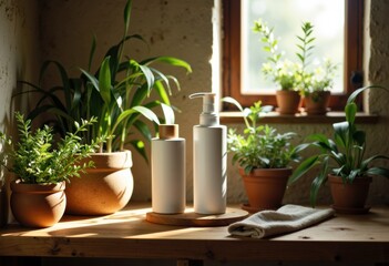 Fototapeta premium Indoor plant arrangement with natural sunlight, featuring potted greenery and skincare bottles on a wooden table