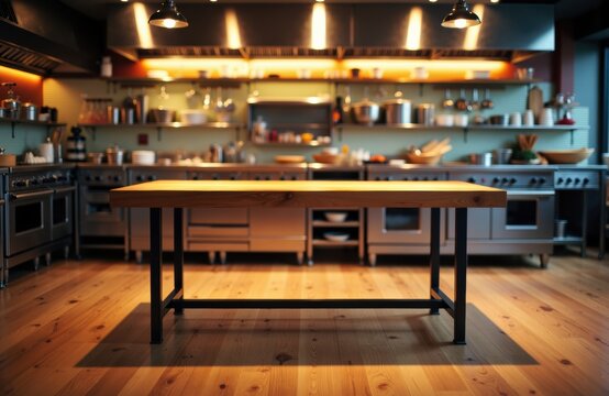 A modern kitchen with a central wooden island and open shelving displaying cookware and utensils - Powered by Adobe