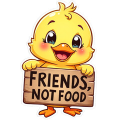 Cute vegan sticker with cartoon animal and ethical message, PNG with white outline