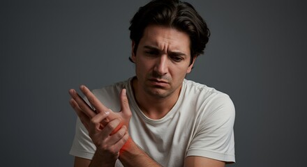 Man Grimacing in Pain, Holding His Injured Wrist, Showing Discomfort and Distress