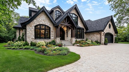 Beautiful Stone House with Dark Grey Roof Surrounded by Lush Garden on Bright Day