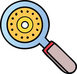 Stylized magnifying glass with concentric circles and dots featuring a blue rim and red accent