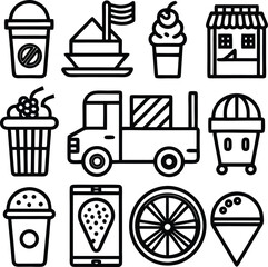 Collection of stylized food and drink icons including ice cream drinks a truck and a shop