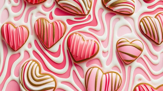 Colorful heart-shaped cookies with intricate icing designs are arranged on a pink background, showcasing delightful patterns and textures for festive celebrations and sweet treats