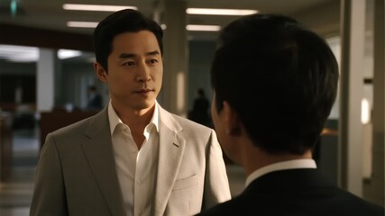 Two men in formal attire engaged in a conversation in an indoor setting.