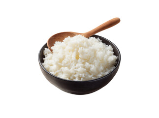 Bowl of cooked white rice with wooden spoon, Isolated On Transparent Background, Png Cut Out