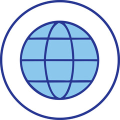 A simplified blue globe icon with dark blue outlines and grid lines enclosed within a larger dark blue circle