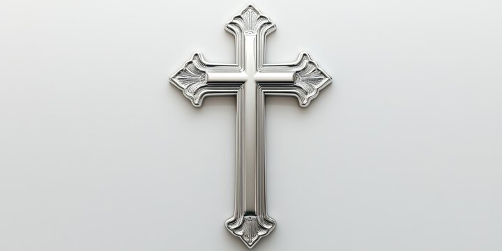 Decorative silver cross design displayed on a neutral background in an elegant presentation setting