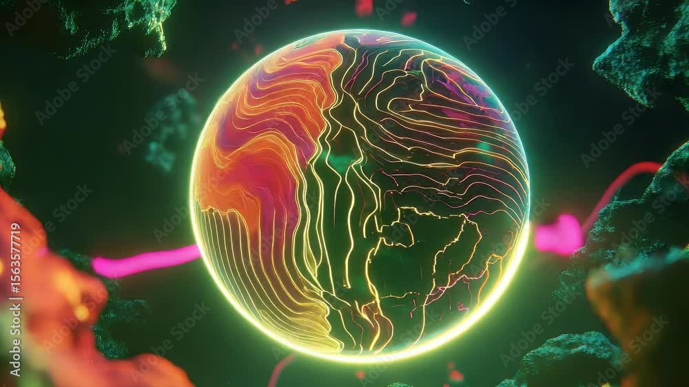 Poster Abstract visualization of a neon glowing sphere with intricate patterns. Vibrant color scheme with a dark backdrop and floating rock forms. Electric neon pink lines extend across the frame
