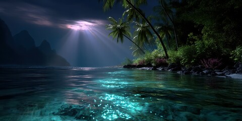 Serene ocean landscape at night with moonlight reflecting on calm waters