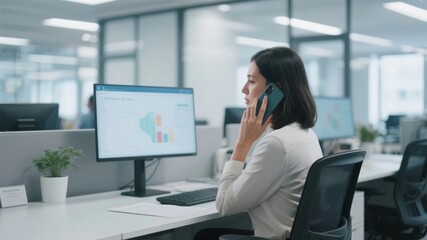 Obraz premium Businesswoman discussing data on phone in modern office