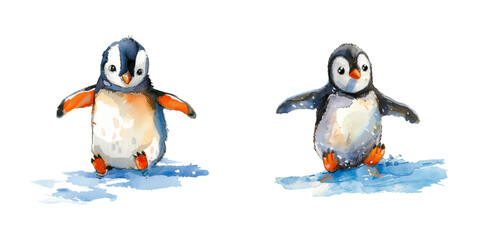 penguin sliding on ice watercolor vector illustration