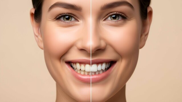Before and after cosmetic teeth whitening. Split face comparison showing dental transformation and brighter smile.
