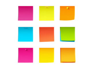 Nine colorful sticky notes on black background office supplies, Isolated On Transparent Background, Png Cut Out