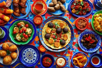Colorful Moroccan Feast with Traditional Dishes on a Vibrant Table