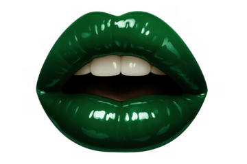 Glossy green-tinted lips parting, exposing pristine white teeth against transparent backdrop