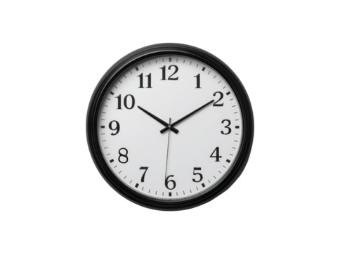 Simple black and white wall clock on black background time management concept, Isolated On Transparent Background, Png Cut Out