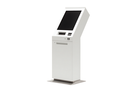 Modern white self service kiosk with touchscreen.