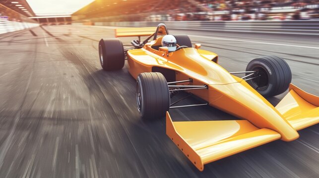 Close-up of a racing car speeding on the track with motion effect and vibrant colors, showcasing speed, adrenaline, and high-performance motorsports competition.
 - Powered by Adobe