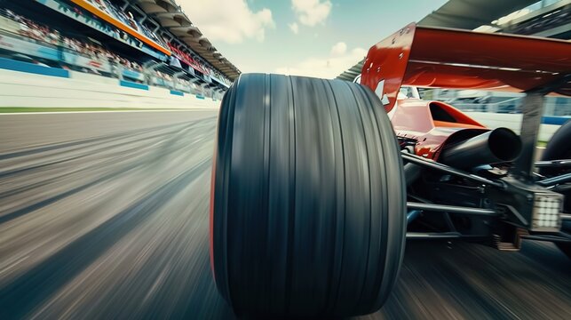 Close-up of a racing car speeding on the track with motion effect and vibrant colors, showcasing speed, adrenaline, and high-performance motorsports competition.
