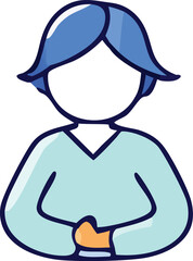 Stylized cartoon illustration of a person with blue hair and a light blue shirt hands clasped