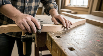 Crafting a Wooden Curve in a Workshop With Attention to Detail and Skilled Hands During a Woodworking Project