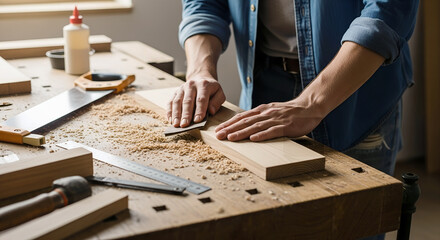 Crafting Wooden Furniture in a Workshop With Tools and Materials During Daylight Hours