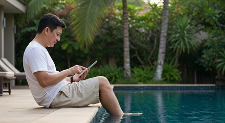 Relaxed man enjoys digital leisure by the pool, dipping his feet in the water while using a tablet.