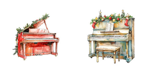 piano christmas decorated watercolor vector illustration © Dar