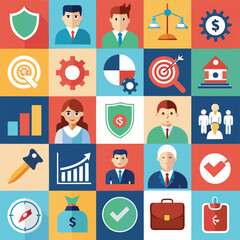 Fototapeta premium Collection of flat design icons representing business concepts like finance teamwork strategy and success in a grid layout