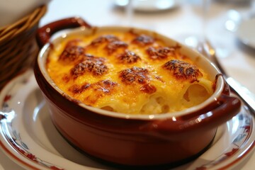 Creamy Baked Pasta Dish with Golden Cheese Crust in Rustic Serving Dish